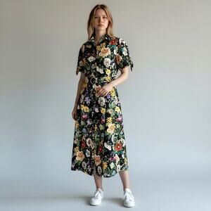 Zara Floral Botanical Shirt Midi Dress Belted 100% Cotton Black Size M